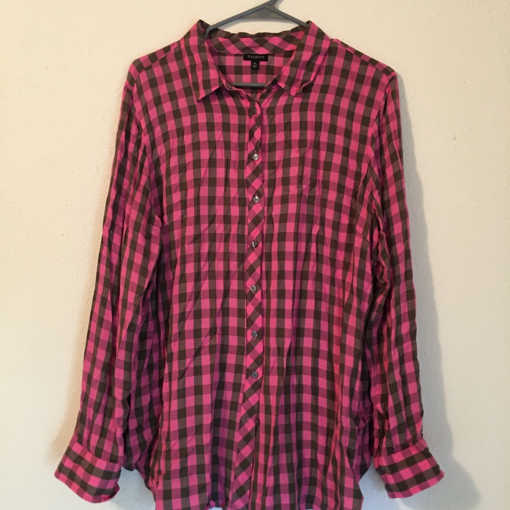 Talbots blouse, deep pink & olive plaid